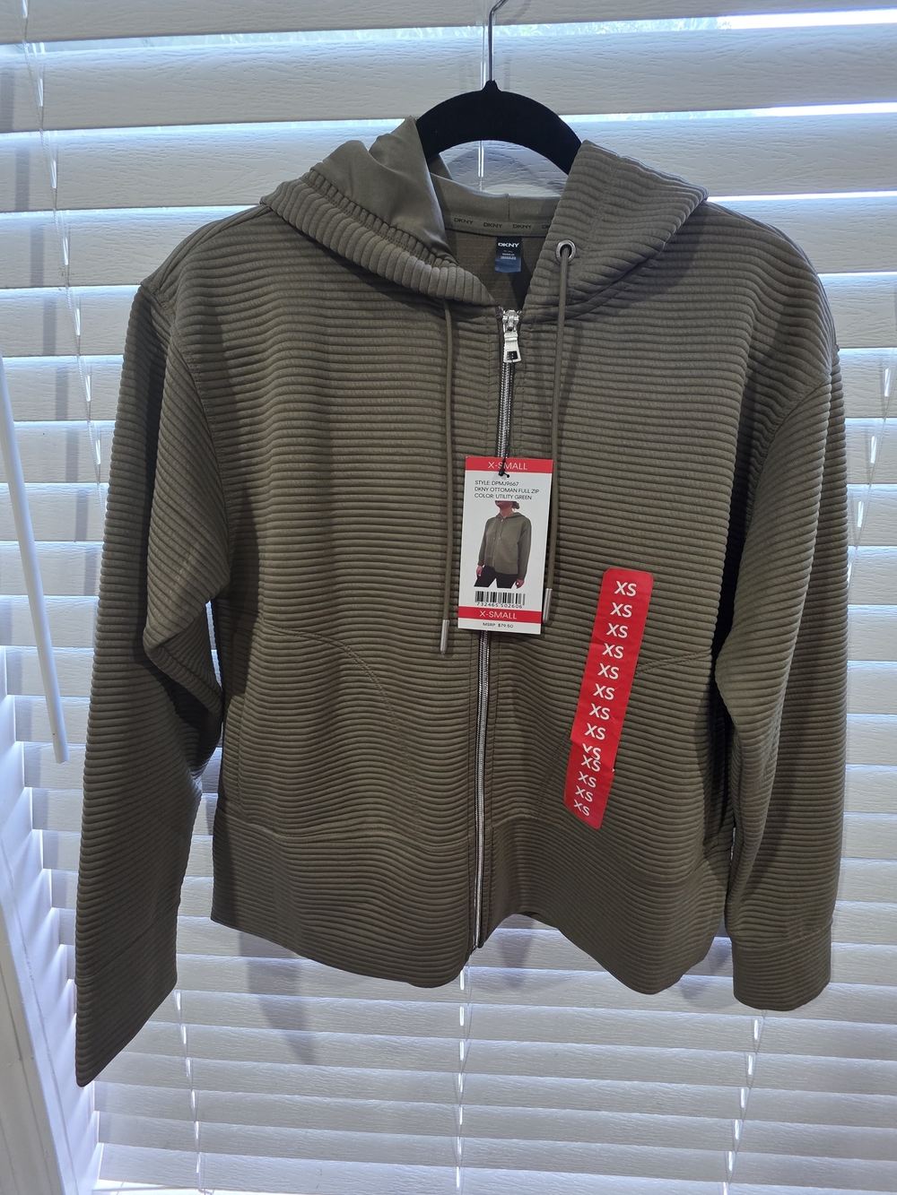 DKNY Ottoman Full Zip Hoodie Jacket Utility Green XS NWT Soft Stretch Zip Knit